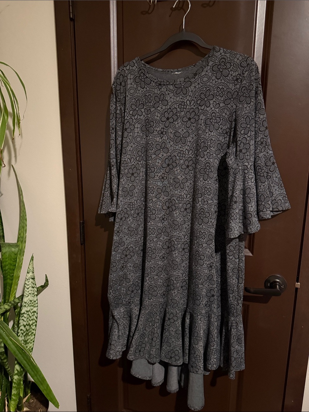 Gray Floral Midi Dress with Ruffle Hem